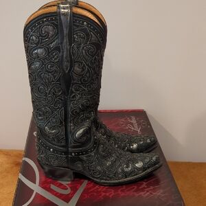 Lucchese Black/Pewter Curly L Leather Cowboy Boots